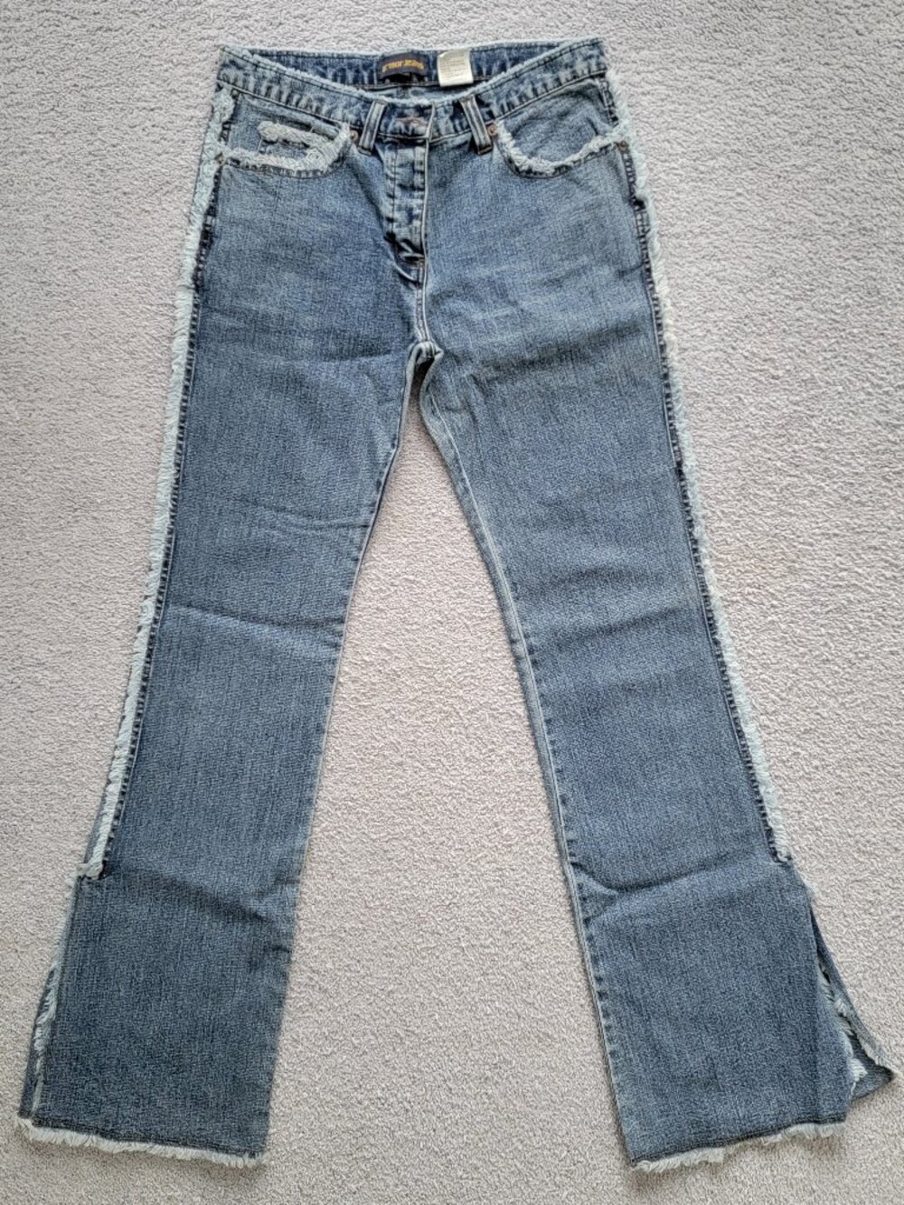 Y2K Vintage Armor Jeans Frayed Fringe Flare Side Slit Denim Size 7/8